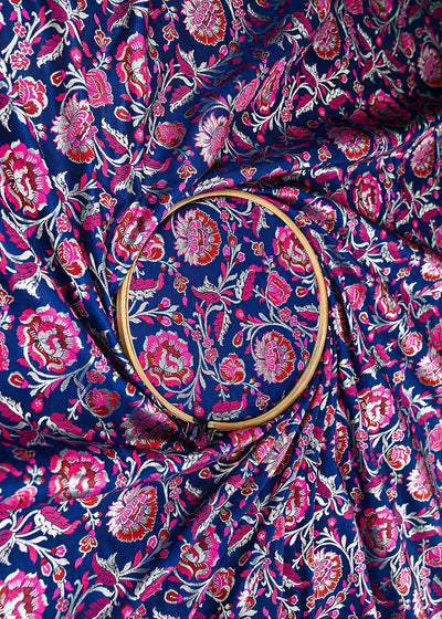 Navy Blue Banarasi Brocade Fabric With All Over Thread And Zari Handloom 21474