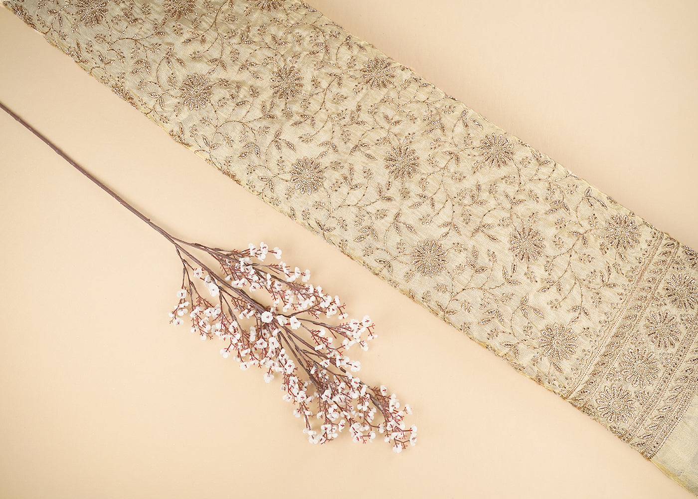 Golden Dyeable Tissue Fabric With All Over Zari And Katdana Work With One Side Border 21487