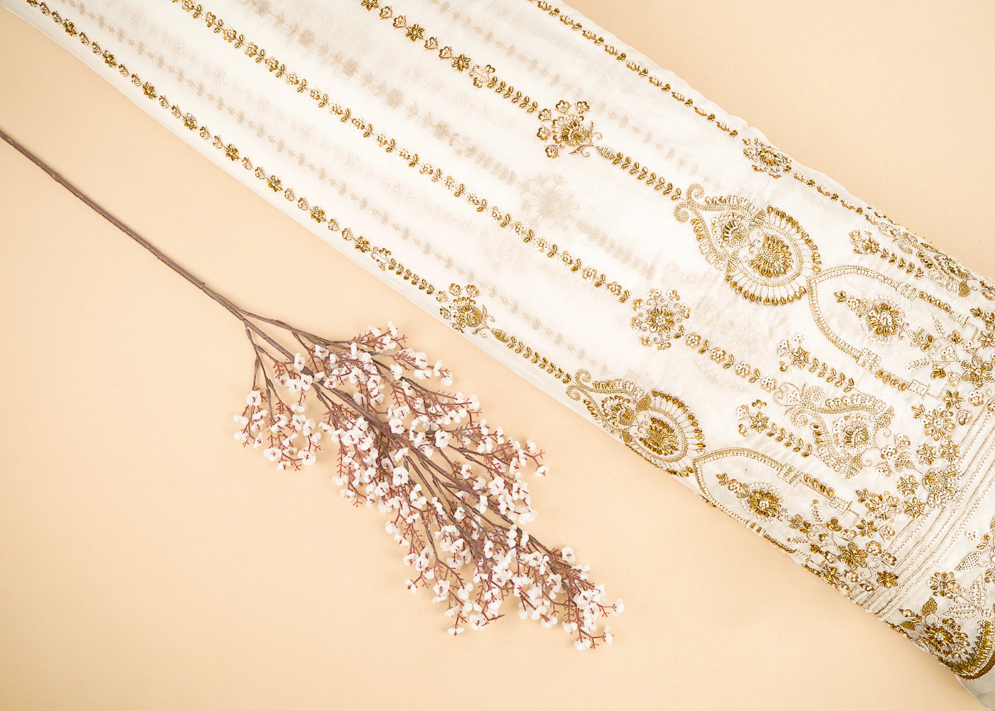 White Dyeable Georgette Fabric With All Over Sequins, Katdana And Bead Work With One Side Scalloped Border 21488