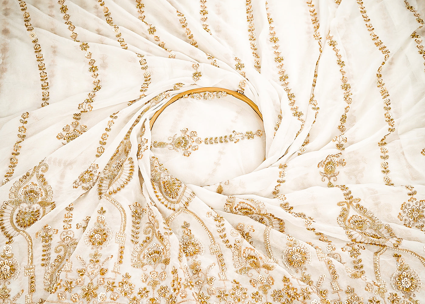 White Dyeable Georgette Fabric With All Over Sequins, Katdana And Bead Work With One Side Scalloped Border 21488