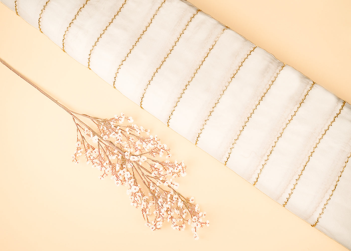 White Dyeable Georgette Fabric With All Over Stripes of Sequins And Katdana Work 21490