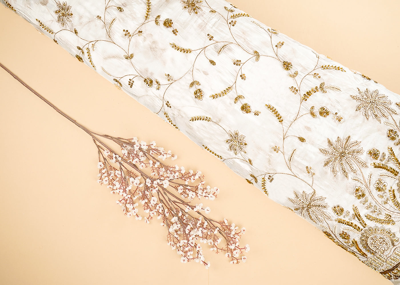 White Dyeable Silk Fabric With All Over Beads, Katdana, Sequins And Zari Work With One Side Scalloped Border 21495