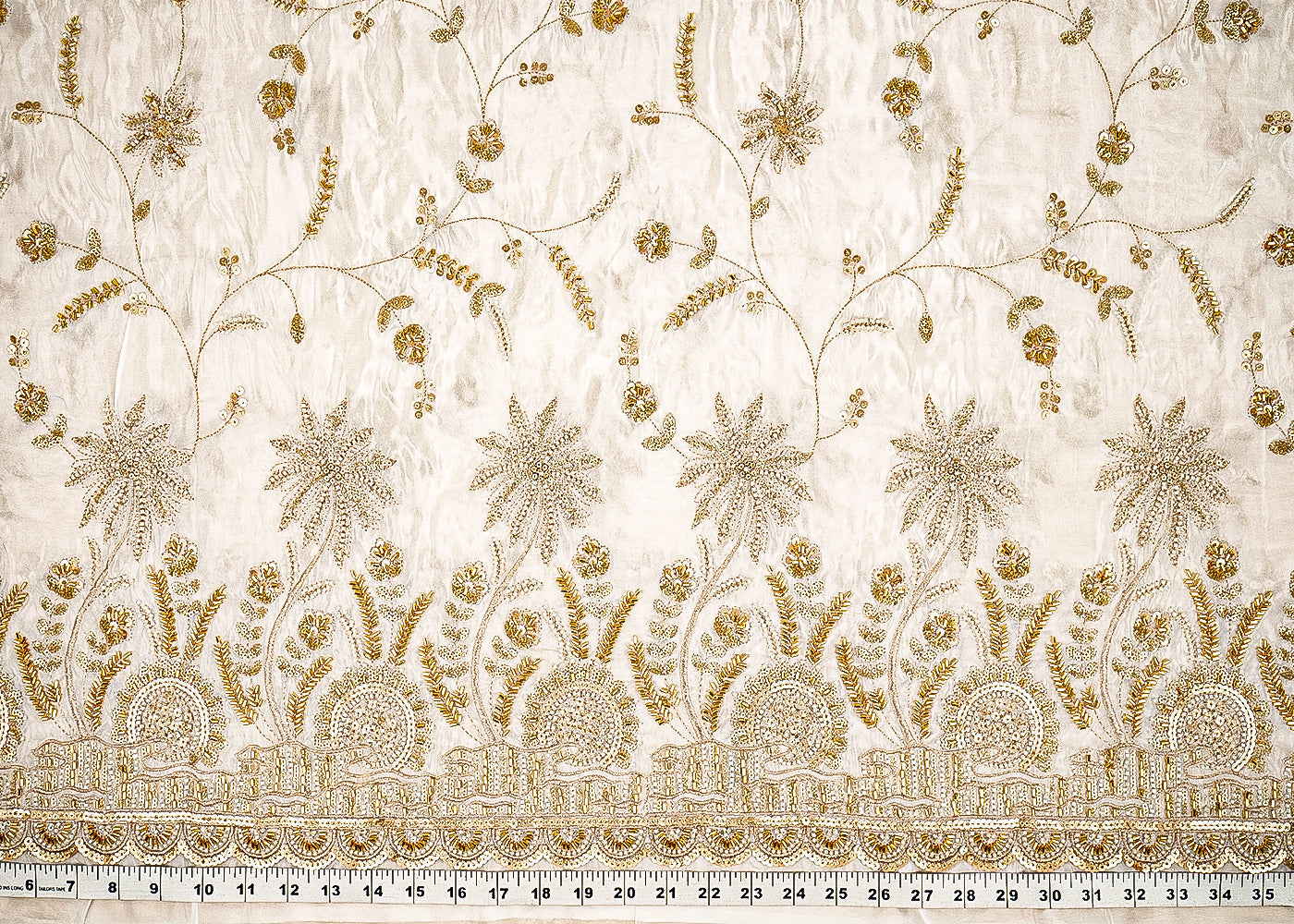 White Dyeable Silk Fabric With All Over Beads, Katdana, Sequins And Zari Work With One Side Scalloped Border 21495