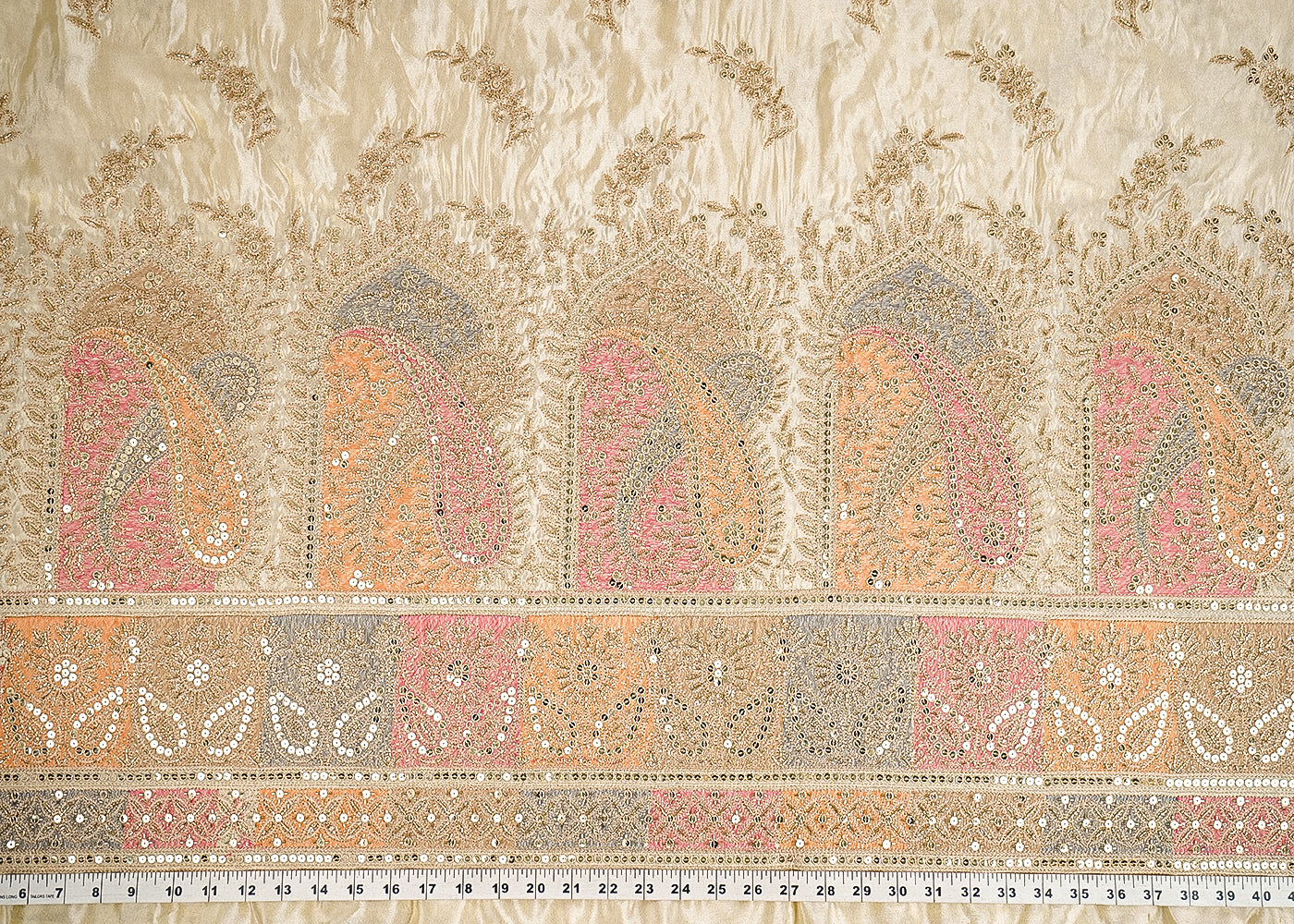 Golden Dyeable Tissue Fabric With All Over Zari, Sequins And Katdana Work With One Side Heavy Border 21504
