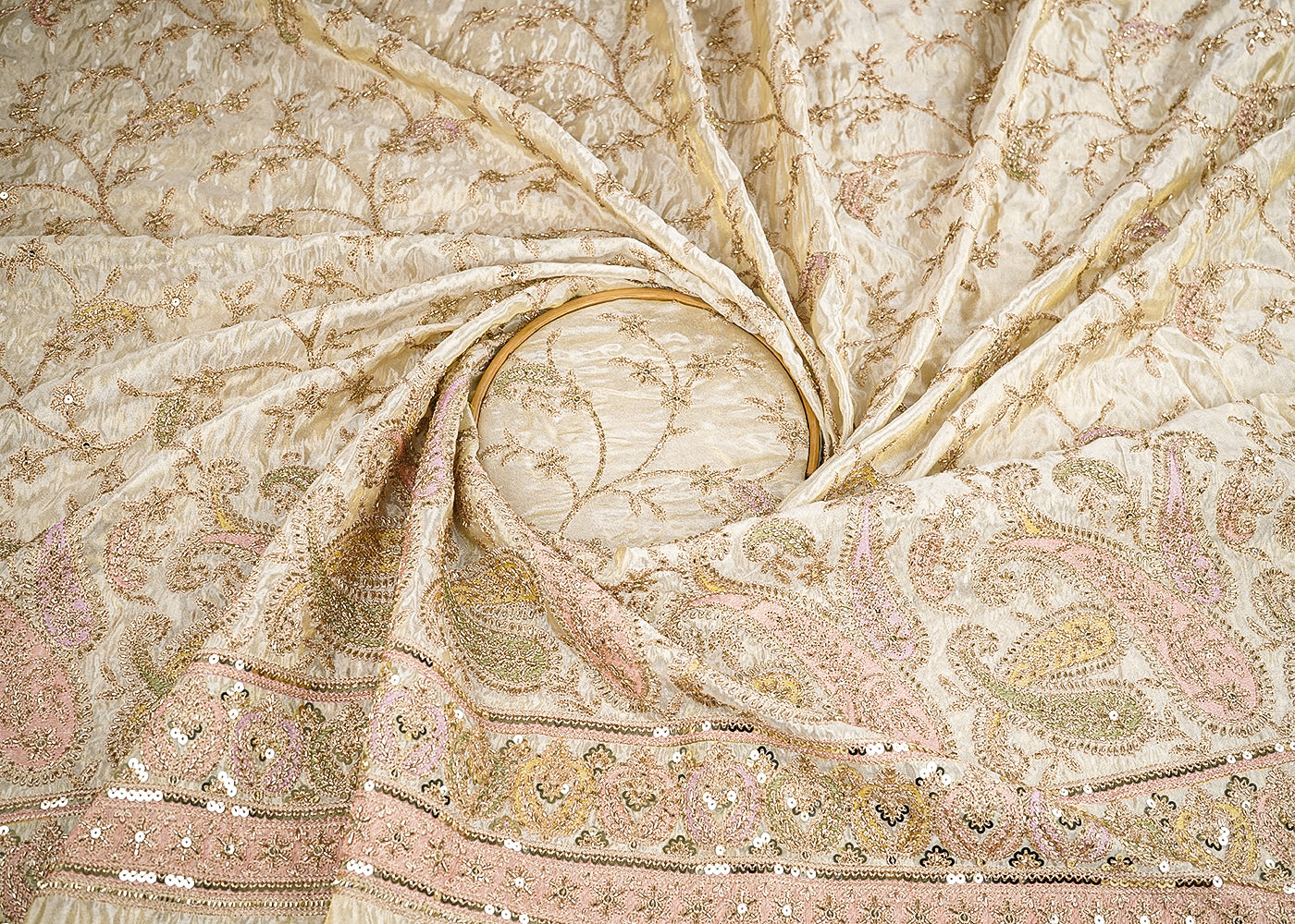 Golden Dyeable Tissue Fabric With All Over Zari, Sequins And Katdana Work With One Side Border 21507
