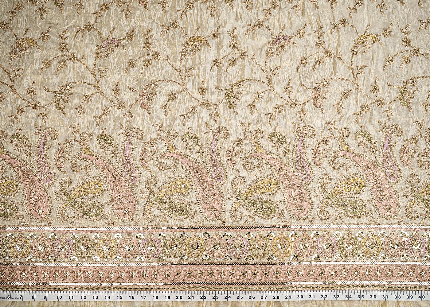 Golden Dyeable Tissue Fabric With All Over Zari, Sequins And Katdana Work With One Side Border 21507