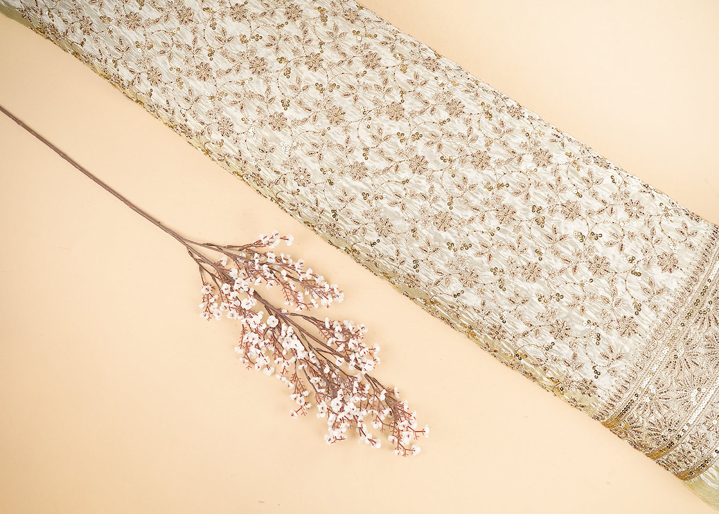 Golden Dyeable Tissue Fabric With All Over Zari, Sequins And Katdana Work With One Side Border 21510