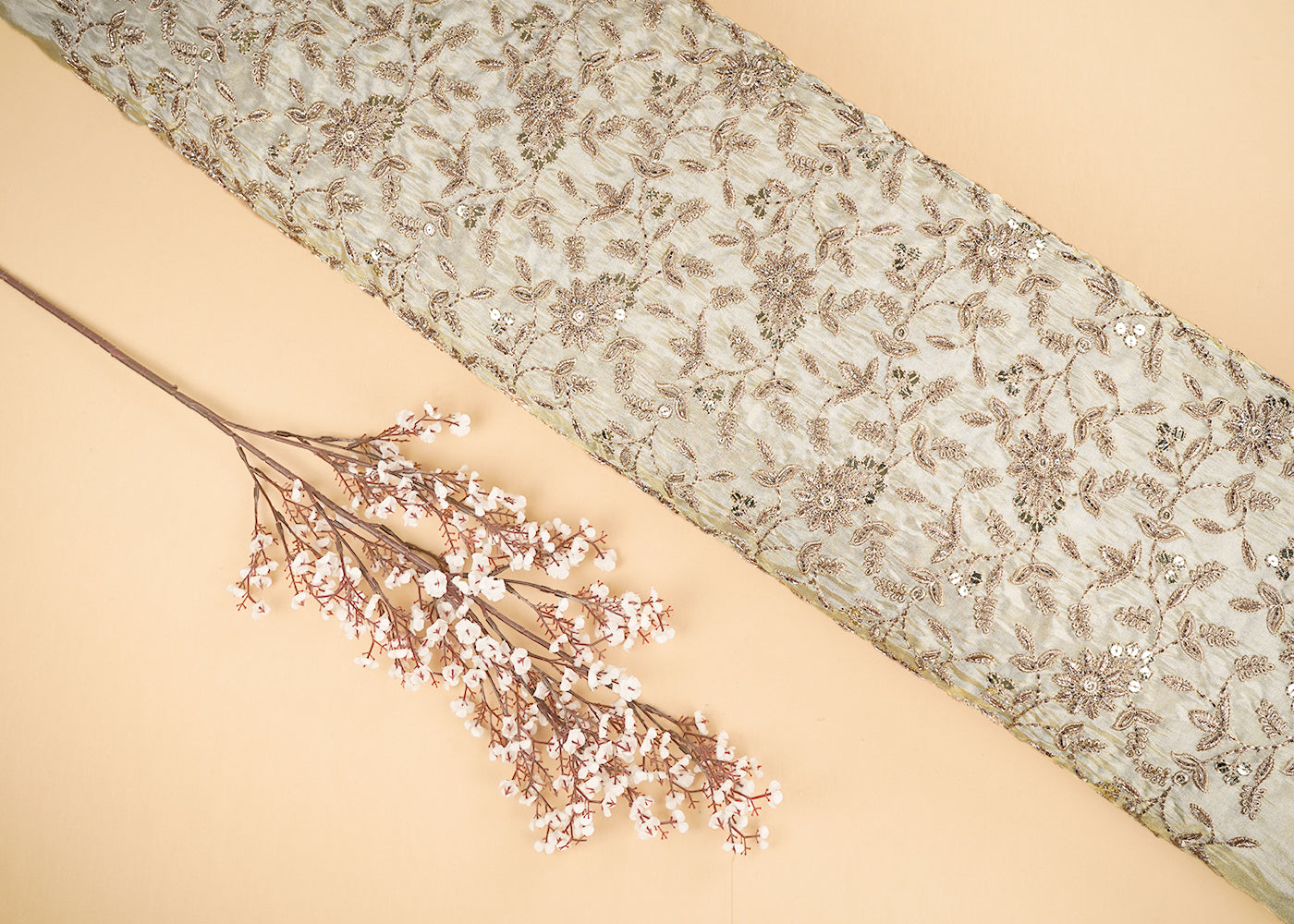 Golden Dyeable Tissue Fabric With All Over Zari, Sequins And Beads Work 21511