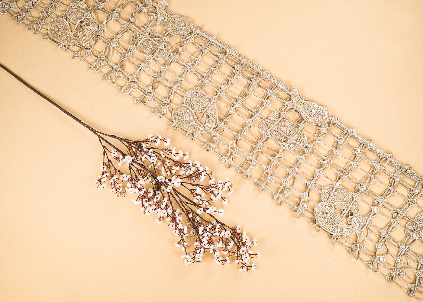 Golden Imported Laser CutWork Net Fabric With All Over Rose Gold Zari And Sequins 21513