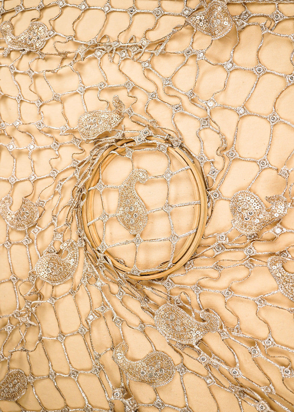 Golden-Imported-Laser-CutWork-Net-Fabric-With-All-Over-Rose-Gold-Zari-And-Sequins-21513-close-view