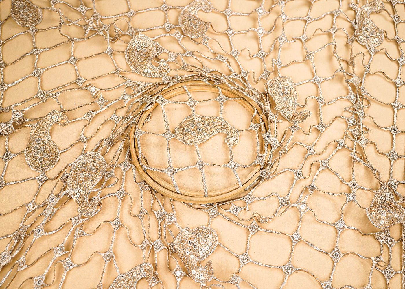 Golden Imported Laser CutWork Net Fabric With All Over Rose Gold Zari And Sequins 21513