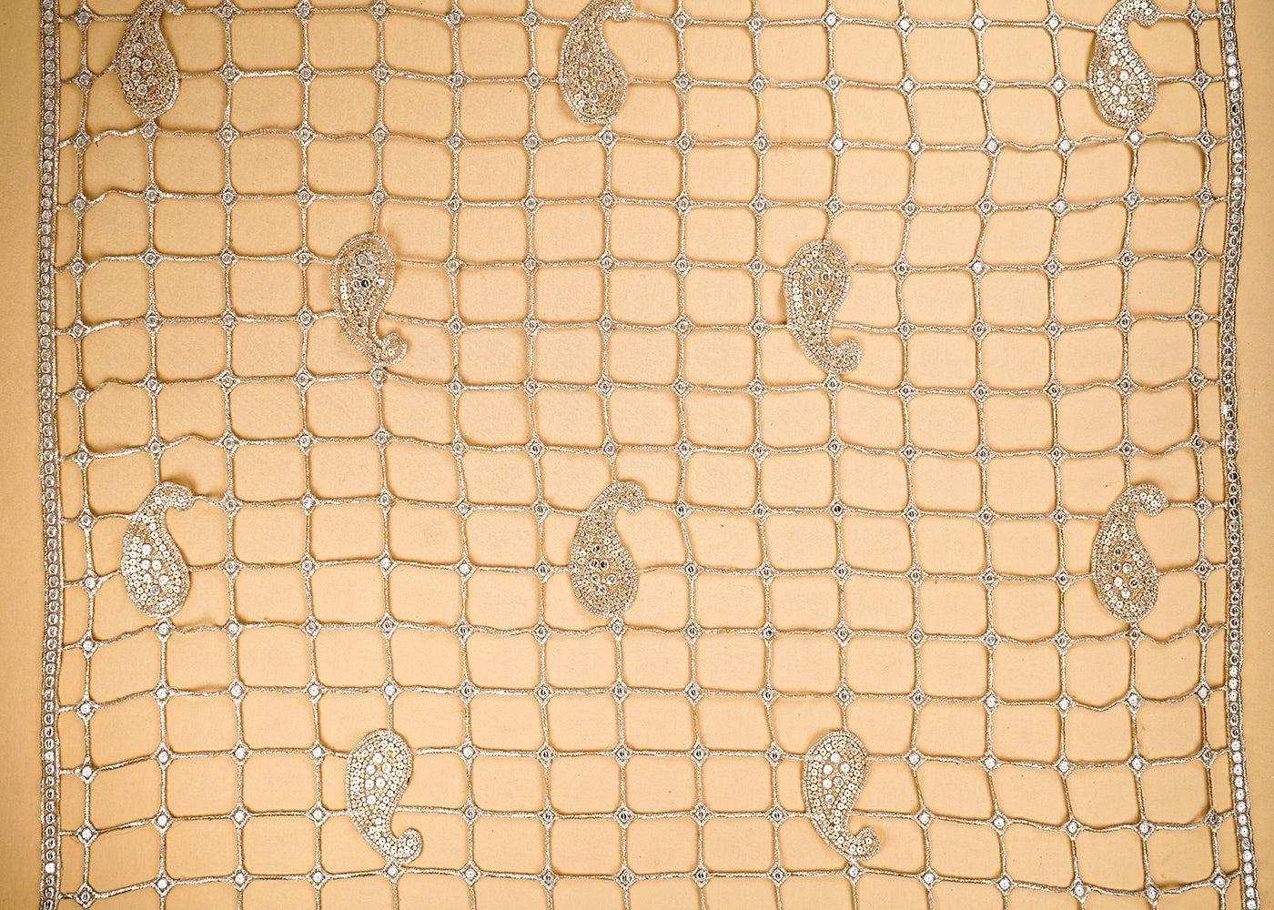 Golden Imported Laser CutWork Net Fabric With All Over Rose Gold Zari And Sequins 21513