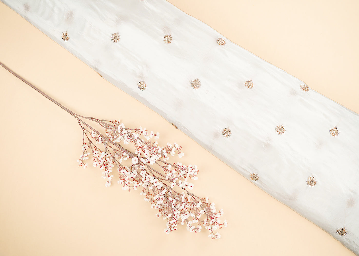 White Dyeable Crepe Fabric With All Over Buti Of Katdana, Sequins And Bead Work 21514