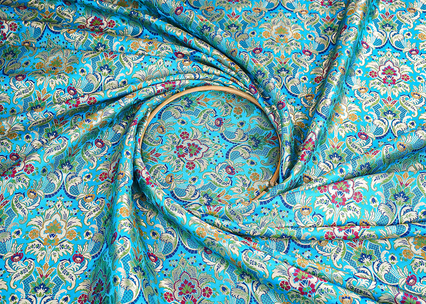 Sky Blue Pure Banarasi Brocade Fabric With All Over Thread And Zari Handloom 21525