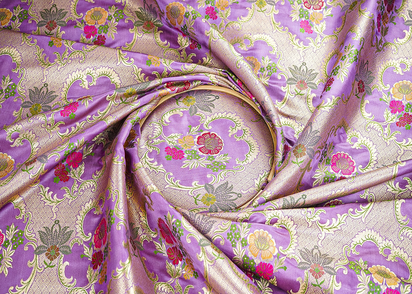 Lavender Pure Banarasi Brocade Fabric With All Over Thread And Zari Handloom 21526