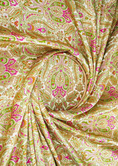 Cream Pure Banarasi Brocade Fabric With All Over Thread And Zari Handloom 21527