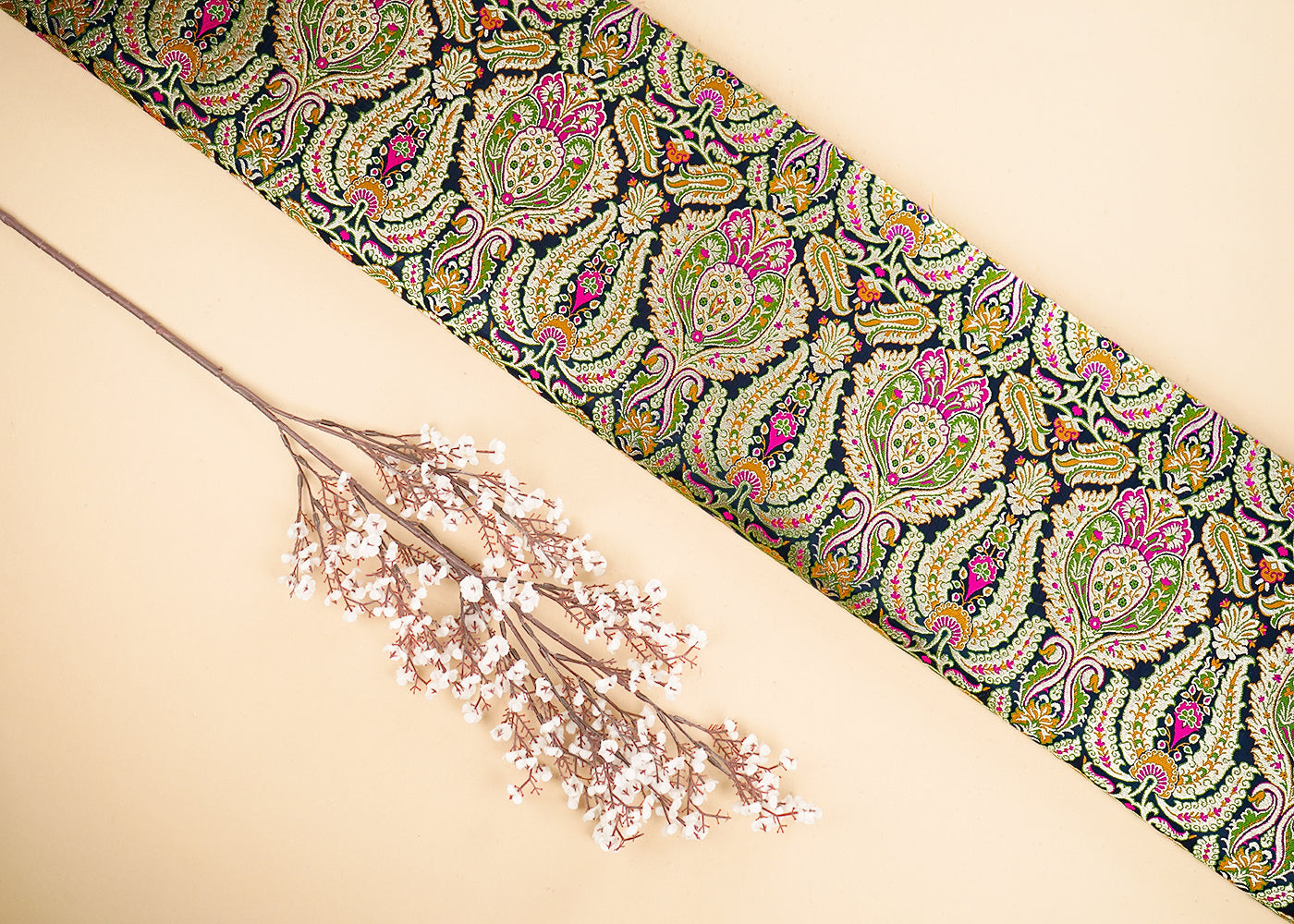 Black Pure Banarasi Brocade Fabric With All Over Thread And Zari Handloom 21528