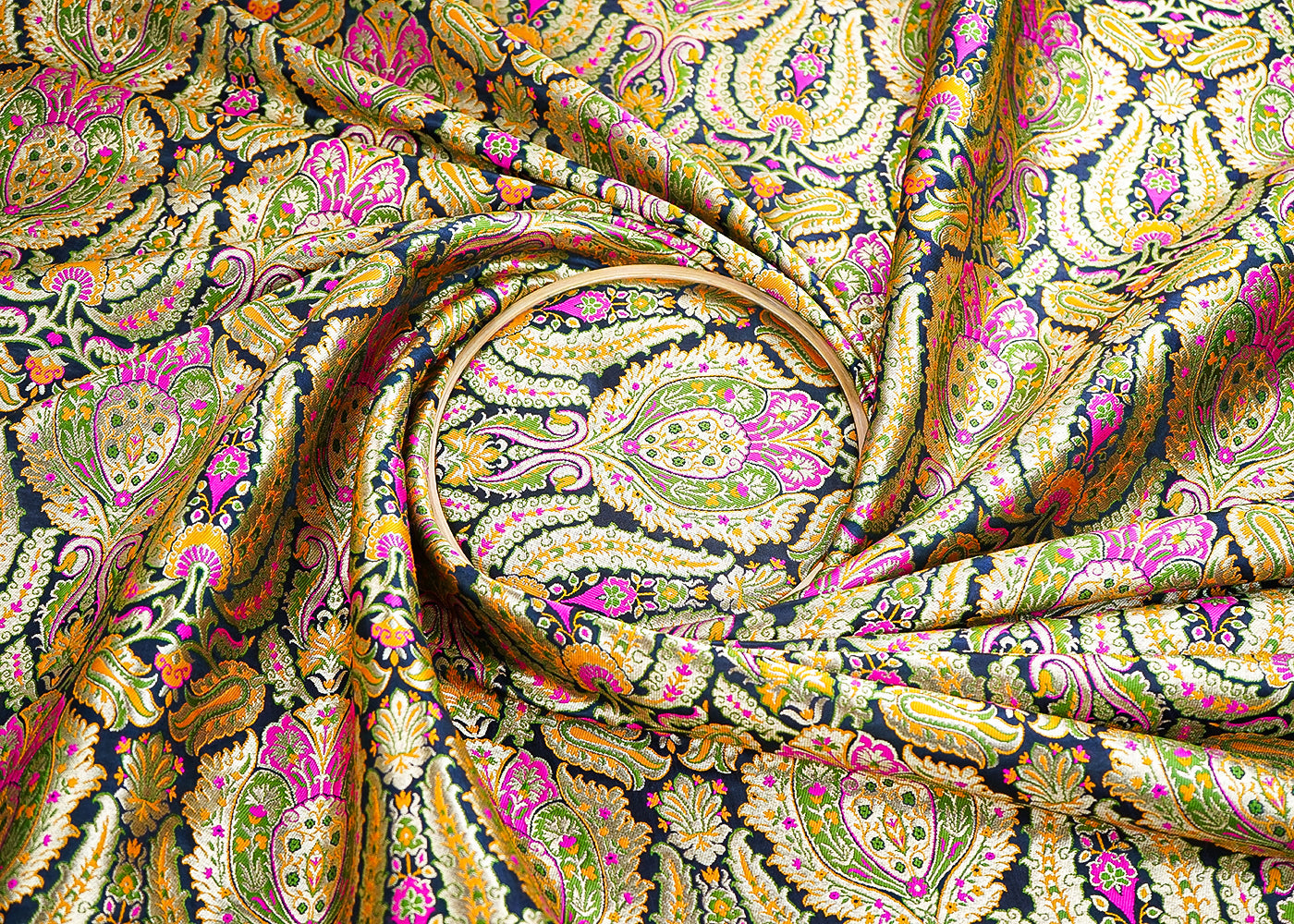 Black Pure Banarasi Brocade Fabric With All Over Thread And Zari Handloom 21528