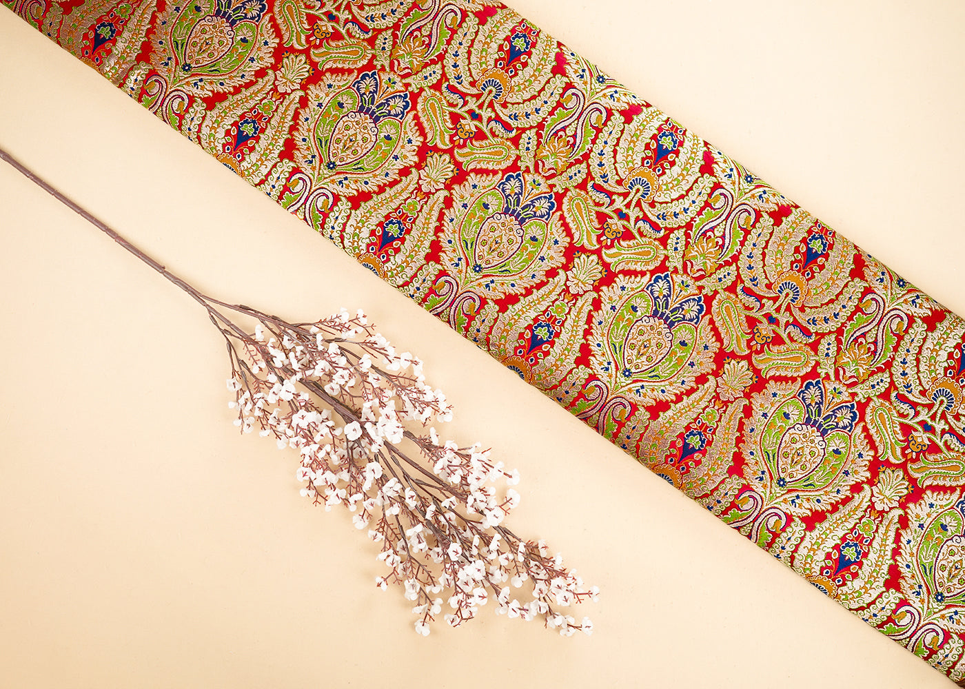 Red Pure Banarasi Brocade Fabric With All Over Thread And Zari Handloom 21529