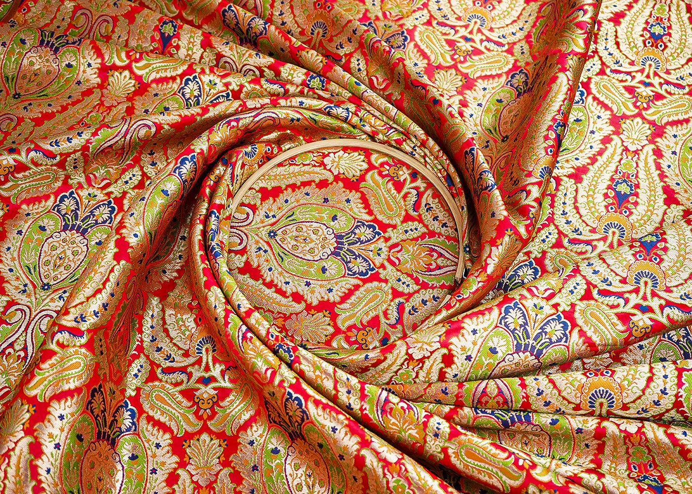 Red Pure Banarasi Brocade Fabric With All Over Thread And Zari Handloom 21529