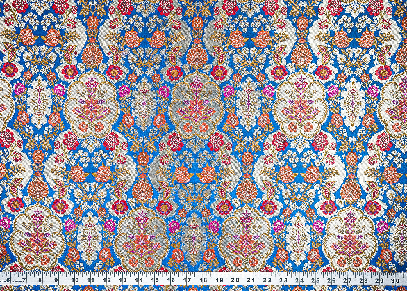 Blue Banarasi Brocade Fabric With All Over Thread And Zari Handloom 21531