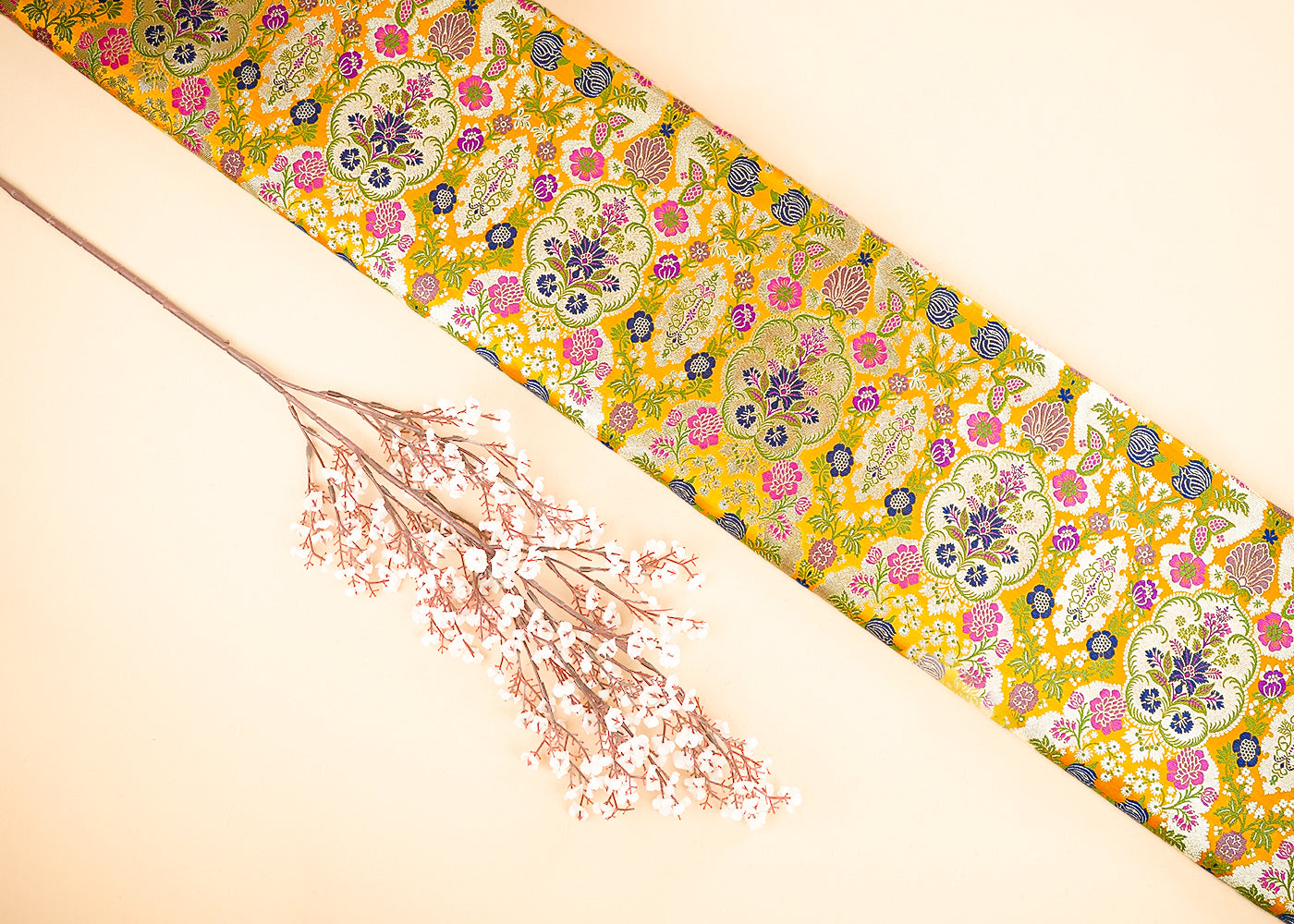 Mustard Banarasi Brocade Fabric With All Over Thread And Zari Handloom 21534
