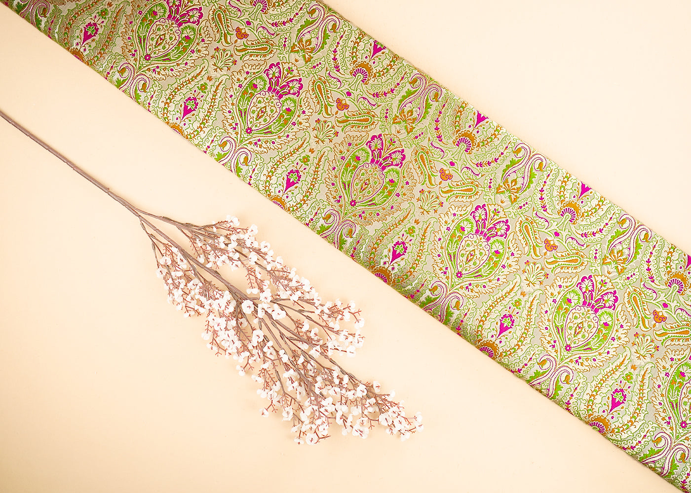 Golden Pure Banarasi Brocade Fabric With All Over Thread And Zari Handloom 21536