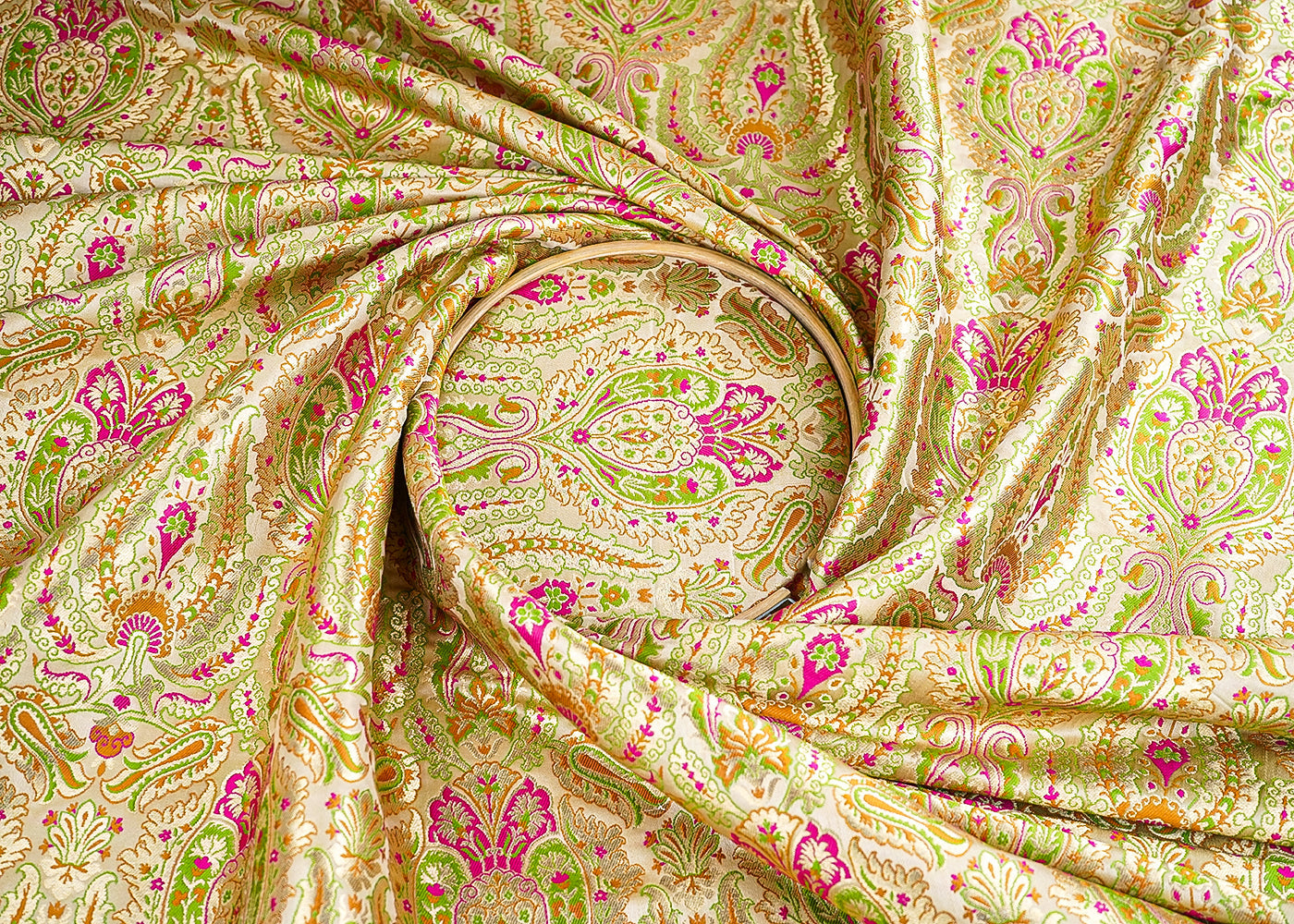 Golden Pure Banarasi Brocade Fabric With All Over Thread And Zari Handloom 21536