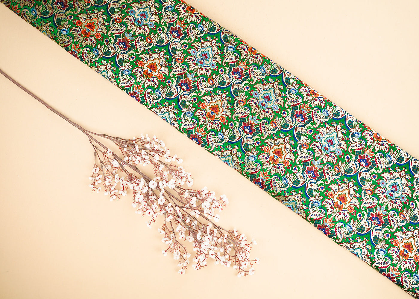 Bottle Green Pure Banarasi Brocade Fabric With All Over Thread And Zari Handloom 21538