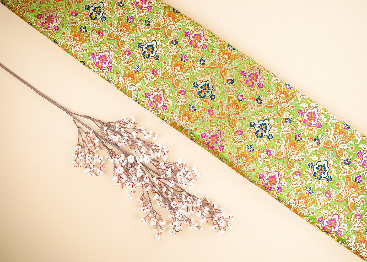 Pista Green Pure Banarasi Brocade Fabric With All Over Thread And Zari Handloom 21539