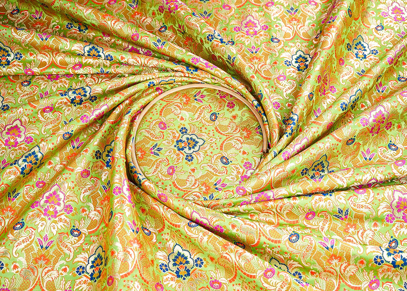 Pista Green Pure Banarasi Brocade Fabric With All Over Thread And Zari Handloom 21539