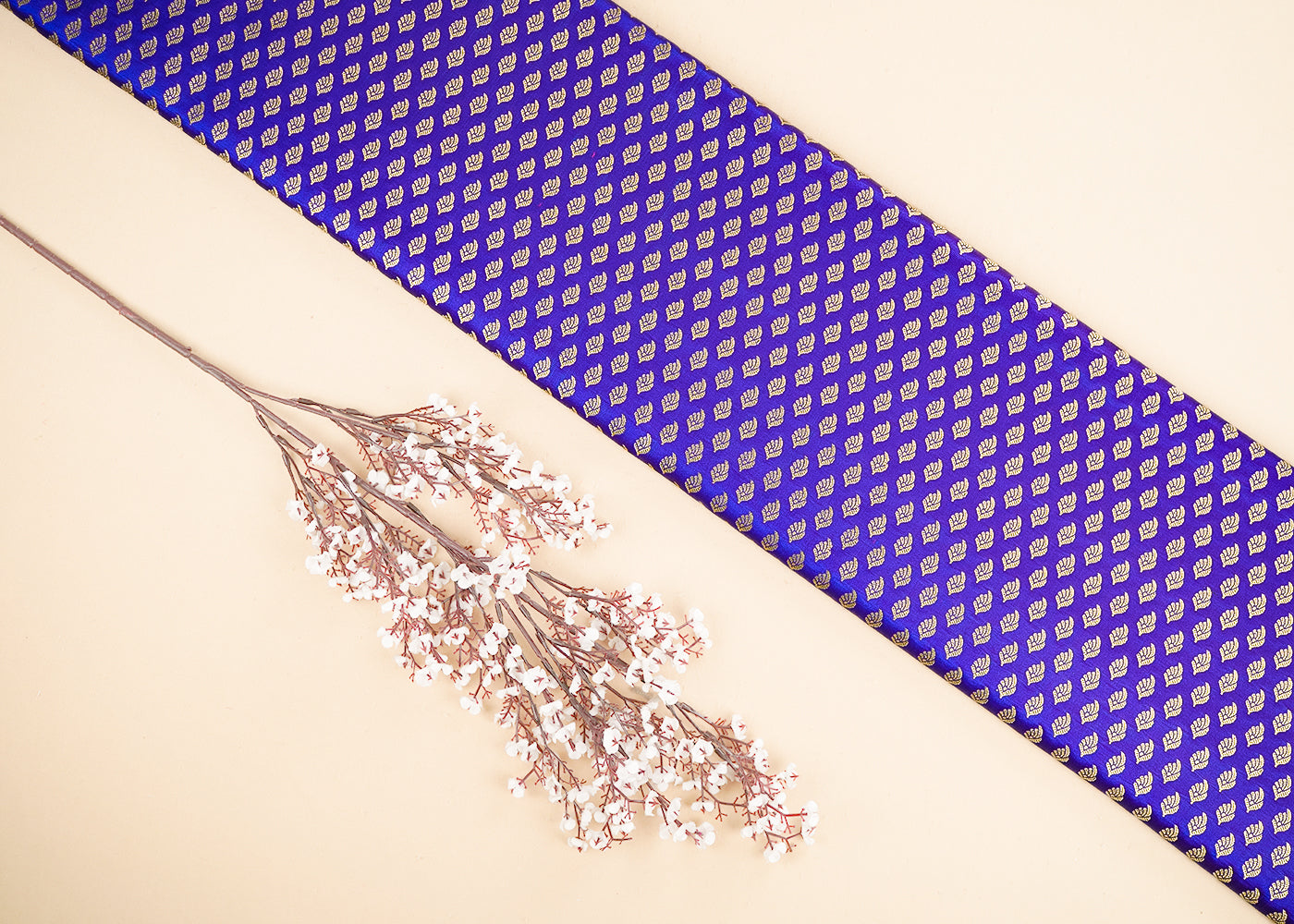 Blue Banarasi Brocade Fabric With All Over Golden Zari Handloom 21544