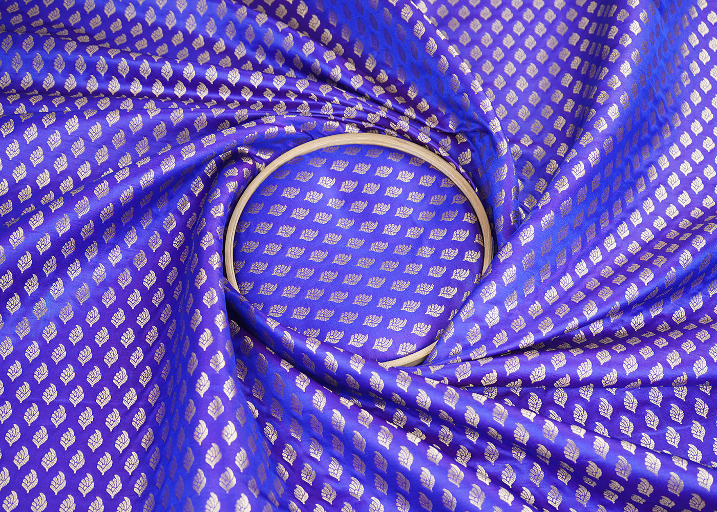 Blue Banarasi Brocade Fabric With All Over Golden Zari Handloom 21544