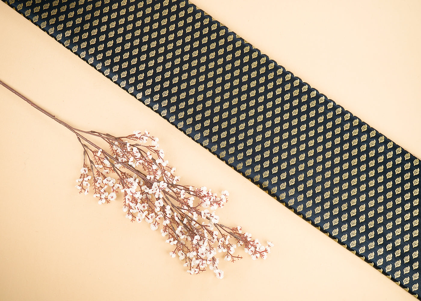 Black Banarasi Brocade Fabric With All Over Golden Zari Handloom 21547