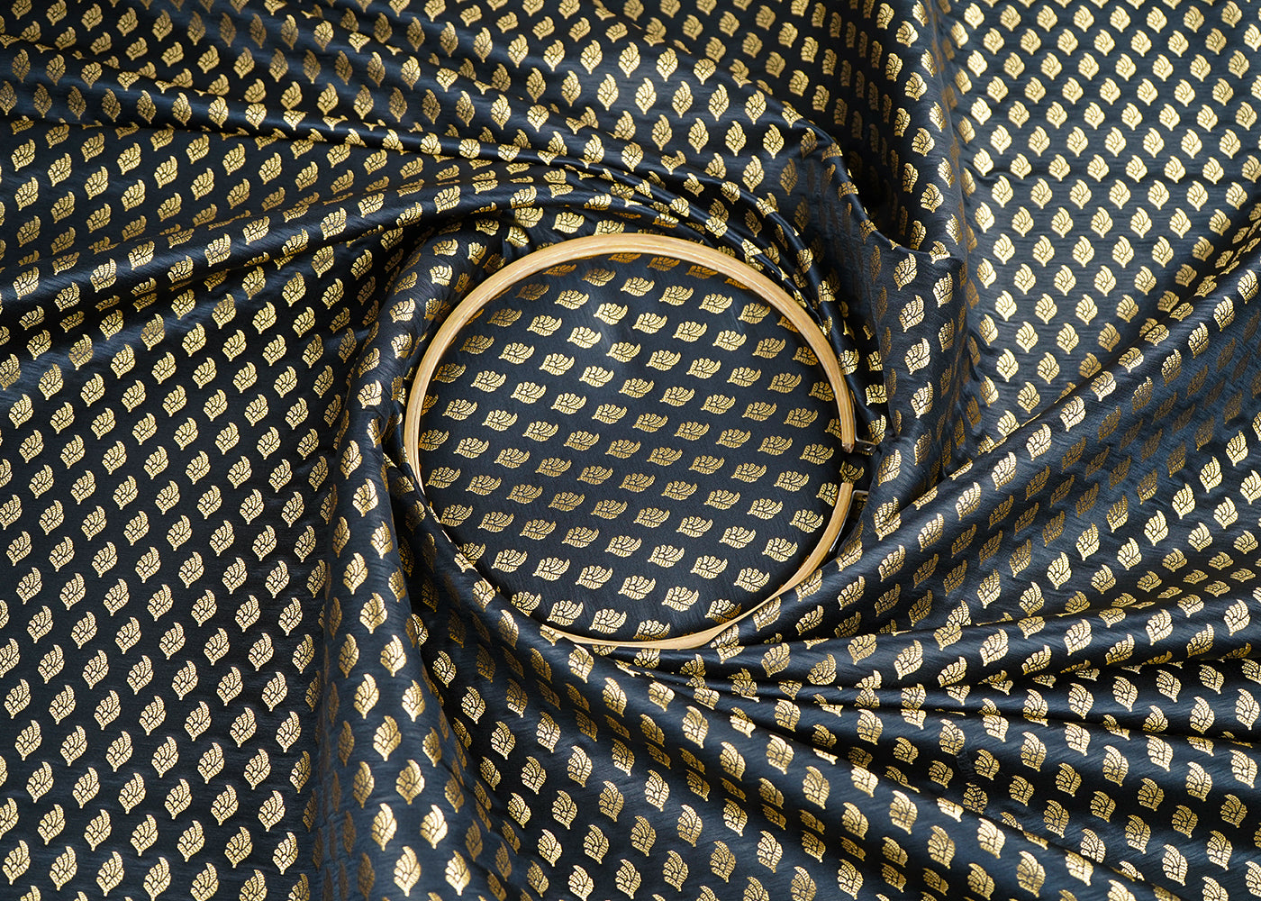 Black Banarasi Brocade Fabric With All Over Golden Zari Handloom 21547