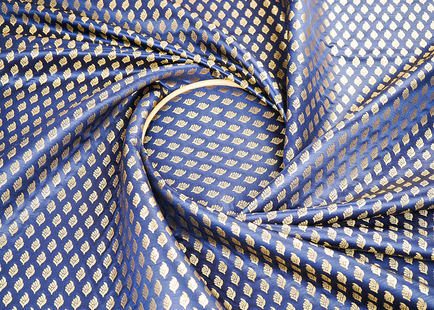 Navy Blue Banarasi Brocade Fabric With All Over Golden Zari Handloom 21548