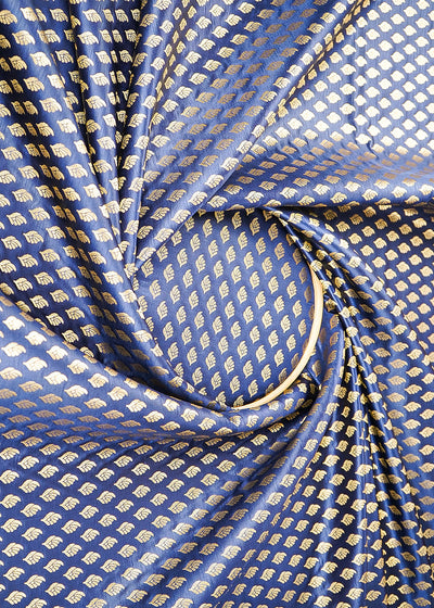 Navy Blue Banarasi Brocade Fabric With All Over Golden Zari Handloom 21548