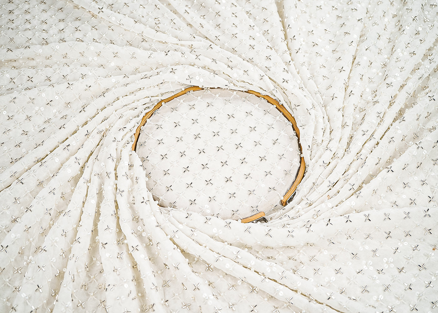 White Dyeable Georgette Fabric With All Over Thread, Sequins, Beads, Katdana, And Zari Work 21563