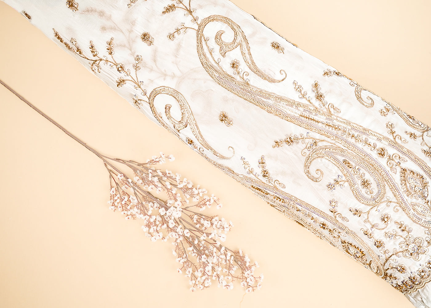 White Dyeable Silk Fabric With All Over Katdana, Sequins And Zari Work And One Side Heavy Scalloped Border 21564