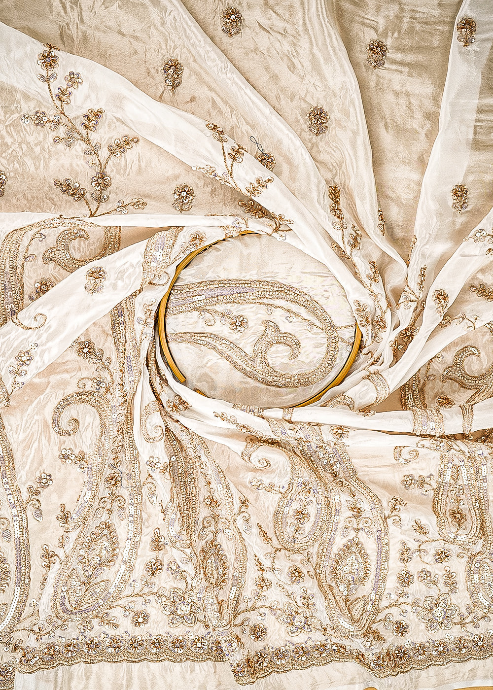 White Dyeable Silk Fabric With All Over Katdana, Sequins And Zari Work And One Side Heavy Scalloped Border 21564