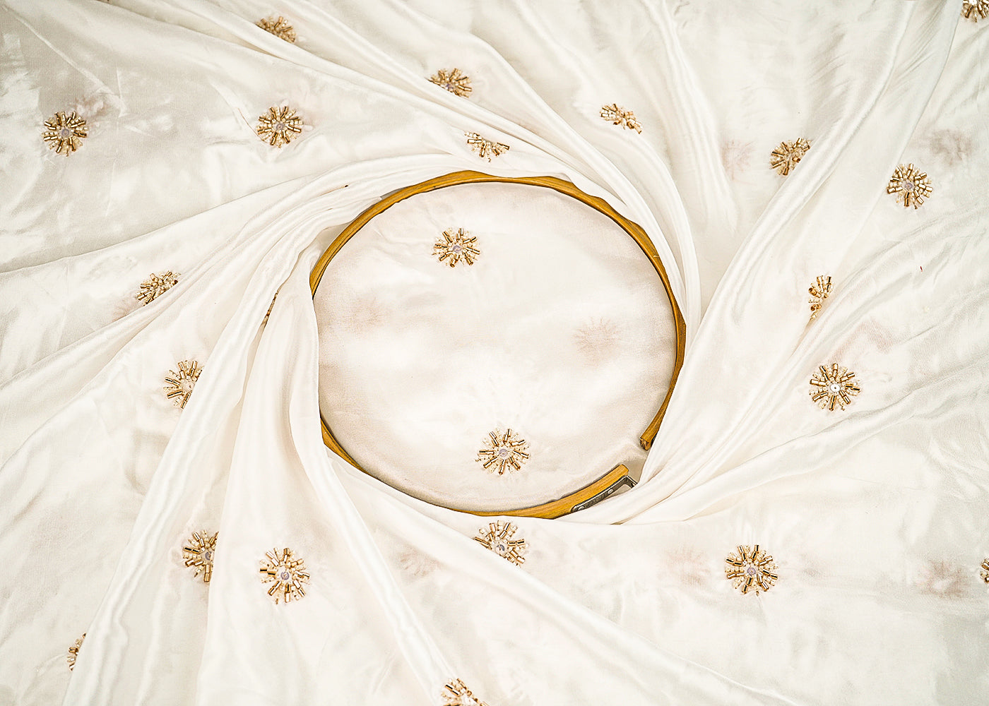 White Dyeable Crepe Fabric With All Over Sequins, Beads And Katdana Work 21565