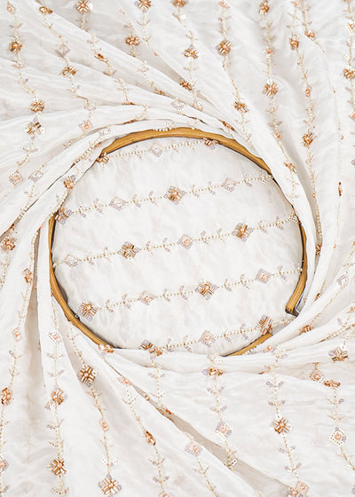 White Dyeable Silk Fabric With All Over Stripes Of Beads, Katdana And Sequins Work 21567