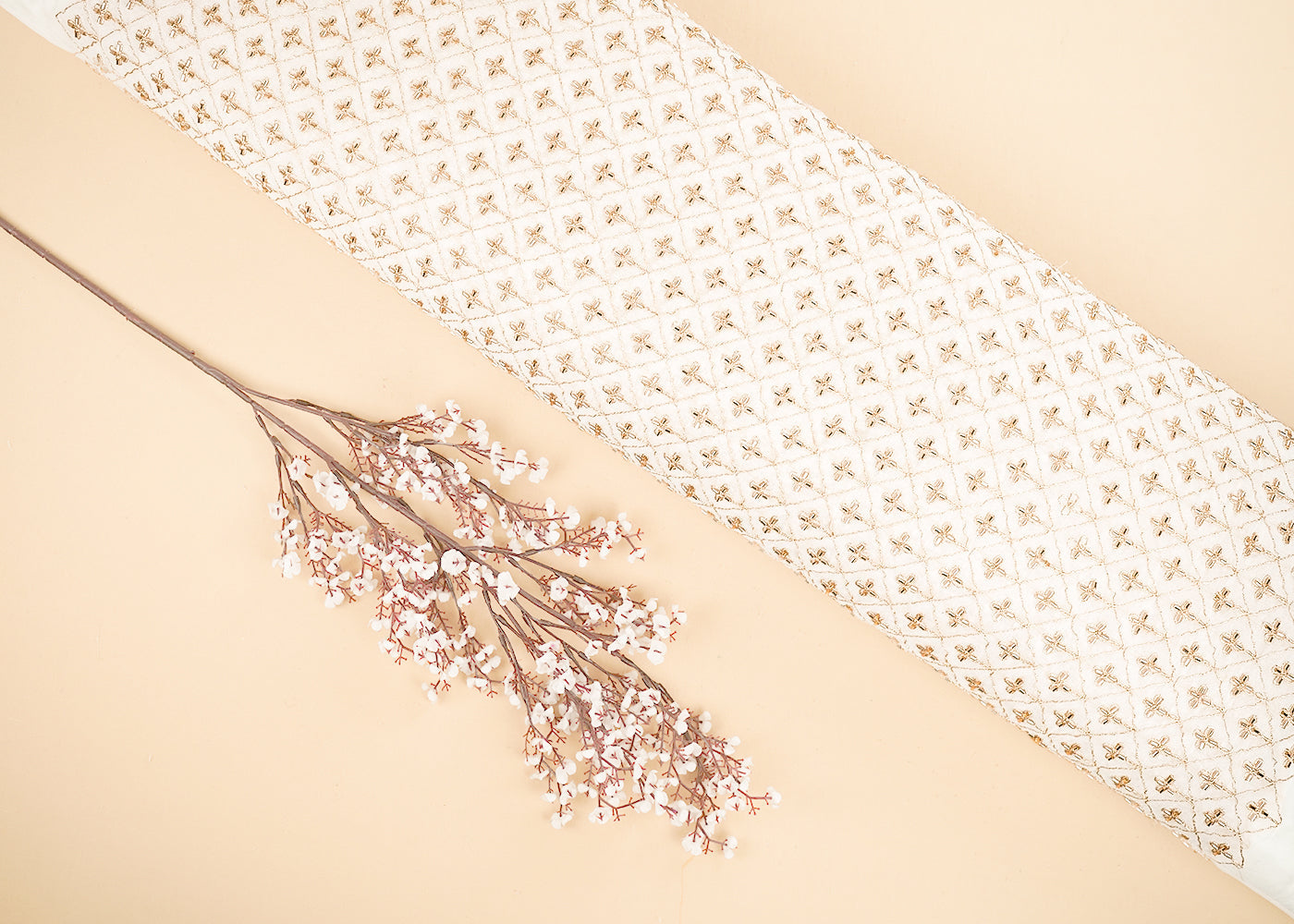 White Dyeable Georgette Fabric With All Over Zari And Katdana Work 21569