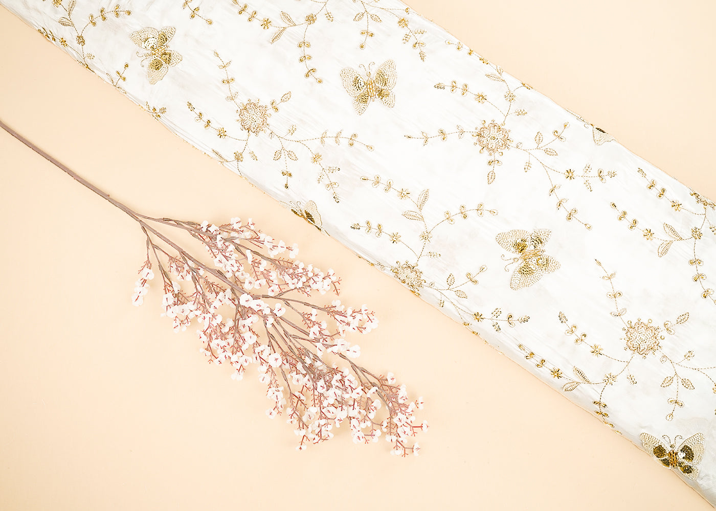 White Dyeable Crepe Fabric With All Over Sequins, Beads, Zari And Katdana Work 21570