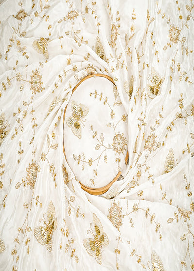 White Dyeable Crepe Fabric With All Over Sequins, Beads, Zari And Katdana Work 21570