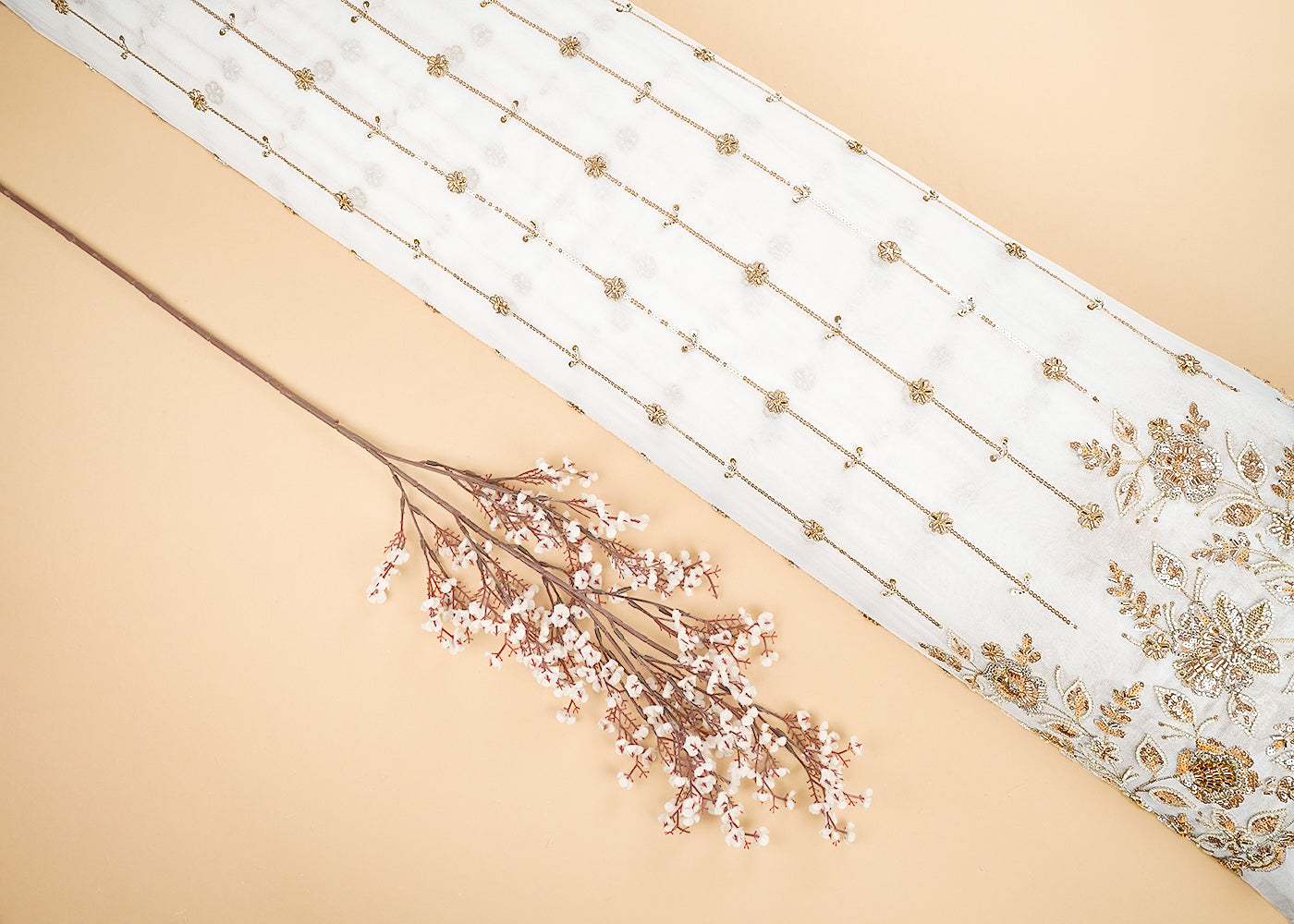 White Dyeable Georgette Fabric With All Over Stripes Of Zari, Sequins, Beads And Katdana With One Side Scalloped Border 21572