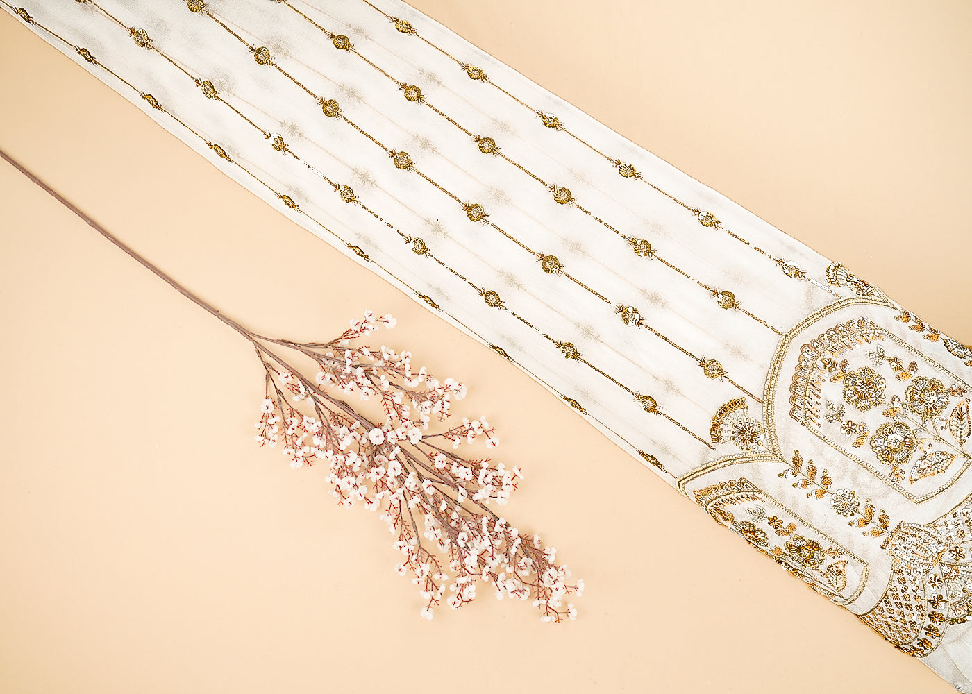 White Dyeable Silk Fabric With All Over Stripes of Zari, Sequins, And Katdana Work With One Side Scalloped Border 21574