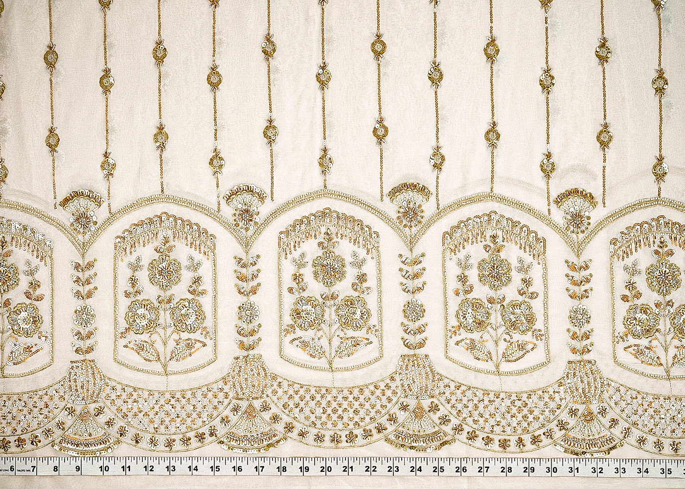 White Dyeable Silk Fabric With All Over Stripes of Zari, Sequins, And Katdana Work With One Side Scalloped Border 21574