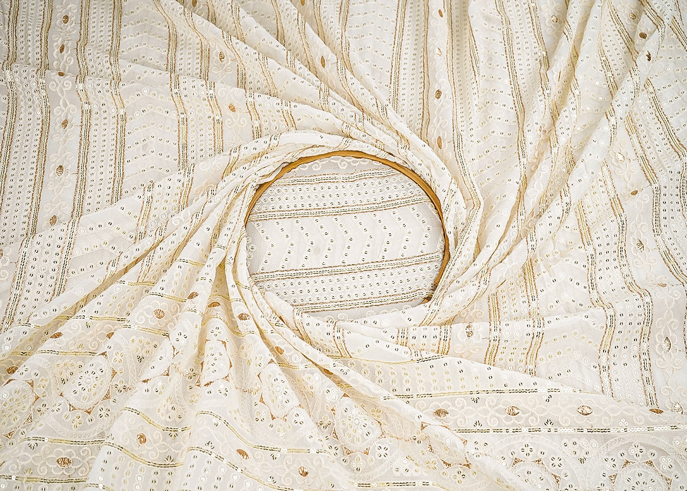 White Dyeable Georgette Fabric With All Over Sequins, Thread And Zari Work With One Side Border 21575