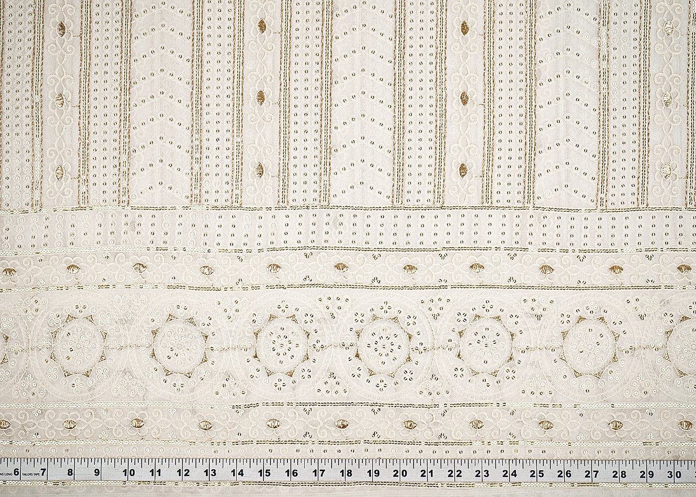 White Dyeable Georgette Fabric With All Over Sequins, Thread And Zari Work With One Side Border 21575